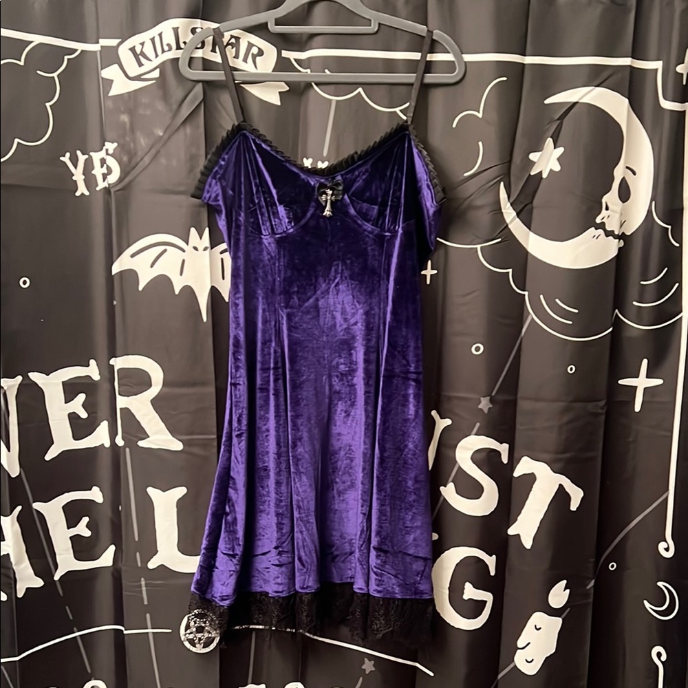 Purple Velvet Slip Dress with Black Lace Trim - Picture 3 of 6